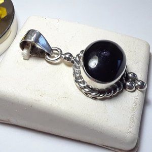 Estate Natural Oval Black Onyx in Rope Frame Sterling Silver Pendant/Slide#16665